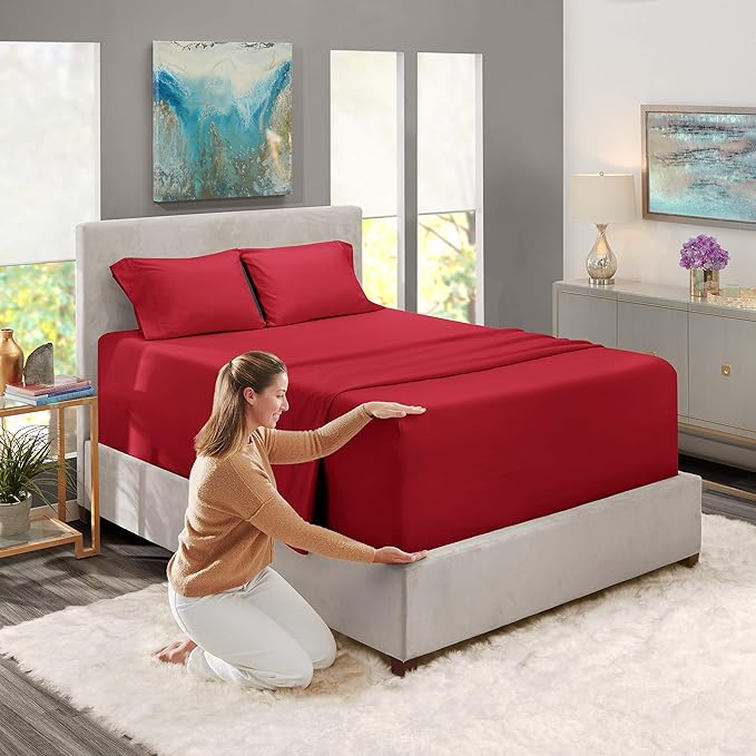 Nestl King Size Sheet Set, 4 Piece Extra Deep Pocket (18-24 inches), Microfiber, Hotel Luxury, Soft, Breathable, Wrinkle-Free, Easy to Care, Burgundy Red