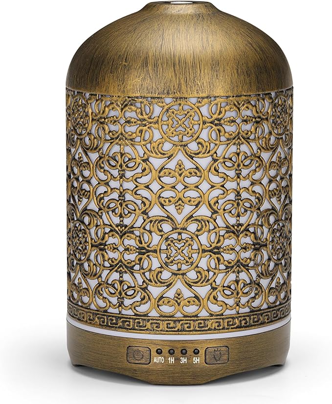 250ML Essential Oil Aromatherapy Diffuser for Home Bedroom Office Metal Hollow Decorative Room Ultrasonic Air Scent Mist Aroma Diffuser -Gold