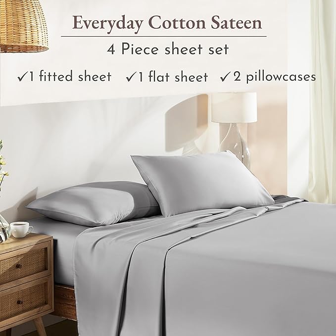 California Design Den King Size Sheets Set - Natural 100% Cotton Sheets King Size with Deep Pockets, Soft Sateen Weave, Breathable and Durable Bedding Set (Light Grey)