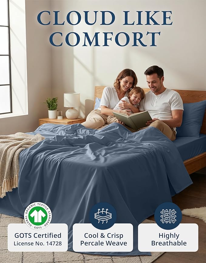 LANE LINEN 100% Organic Cotton Sheets for King Size Bed - Soft Percale Sheets, Breathable Luxury Hotel Style Machine Washable Fully Elasticized Mercerized 15" Deep Pocket King Sheet Set- Estate Blue