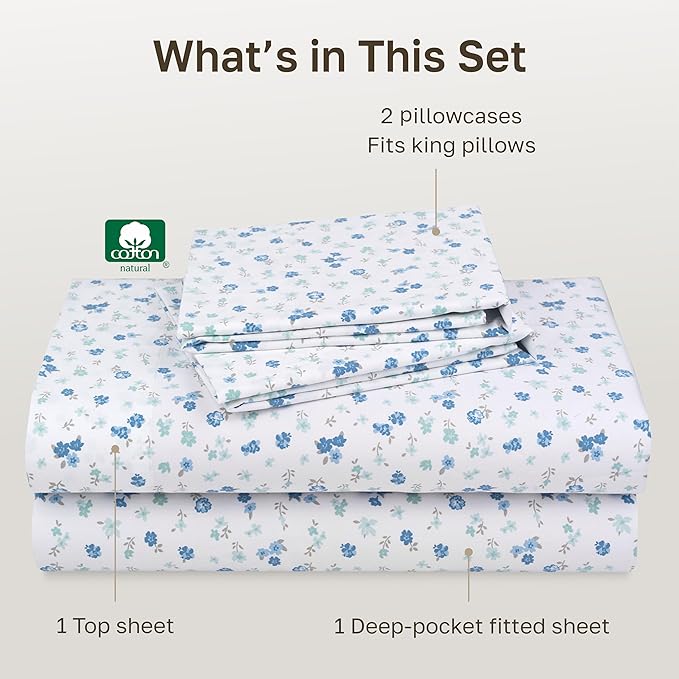 California Design Den Soft King Size 100% Cotton Sheet Sets, 400 TC Good Housekeeping Award Winner, Smooth Sateen Finish with Deep Pockets, Cozy and Durable King Bedding Set - Floral White/Blue