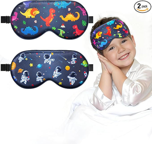 BeeVines Kids 100% Real Mulberry Silk Sleep Mask 2 Pack, Original Design Pure Silk Sleeping Eye Masks for Boys, Skin-Friendly Blackout Eye Cover, Adjustable Strap, Reduce Puffy Eyes, for Travel Gifts