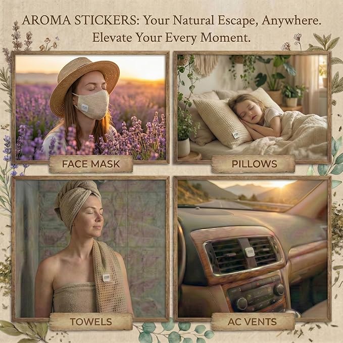 AROMA STICKERS® Original Blend Romance - 100% Natural Essential Oil Scented - Aromatherapy Sticker Diffuser for Perosonal Space - Towels & Pillows/Relaxing & Sleeping (Pack of 1, 12 Stickers)