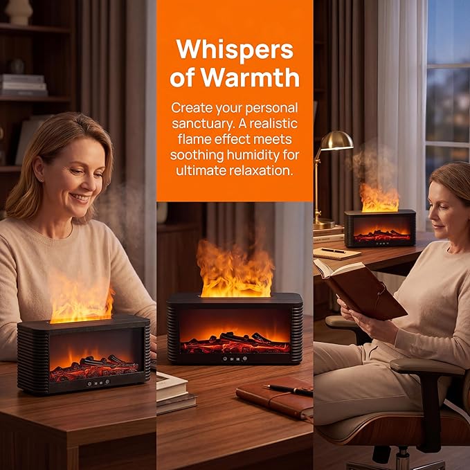Flame Aroma Diffuser, 250ml Cool Mist Humidifier with Simulated Fireplace, 9 Color LED, 3H/6H Timer, Auto-Off, Black