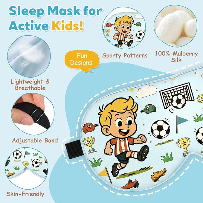 Kids Silk Sleep Mask – 100% Mulberry Silk Eye Cover, Kid Eye Mask with Adjustable Strap, Soft & Breathable Blackout Sleeping Mask for Boys and Girls Ages 5-15 (Soccer Style)