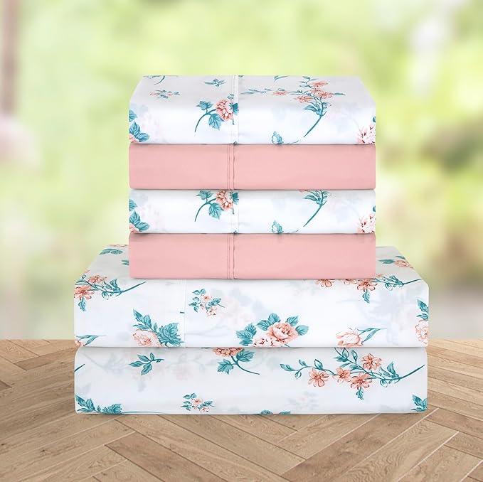 Elegant Comfort Softest and Coziest 4-Piece Sheet Set - 1500 Premium Hotel Quality Microfiber - Deep Pocket, Wrinkle Resistant 4-Piece Floral Bed Sheet Set, Twin XL, Celia Pink