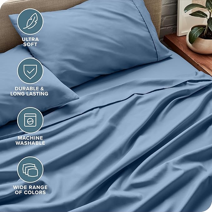 Bare Home Short Queen Sheet Set - 1800 Ultra-Soft Microfiber Bed Sheets - Double Brushed - Deep Pockets - Easy Fit - 4 Piece Set - Bedding Sheets & Pillowcases (Short Queen, Coronet Blue)
