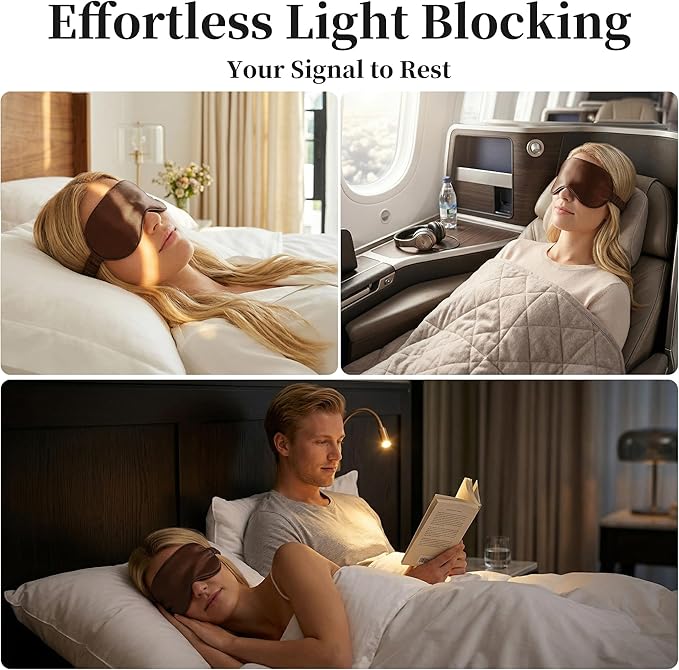 ZLYC 100% Mulberry Silk Sleep Mask Pressure-Free Eye Cover Soft Light Blocking Blindfold for Travel & Nap, Solid Coffee