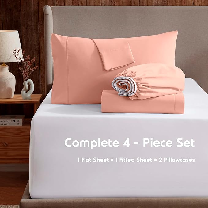 Nestl Extra Deep Twin Sheet Set - 4 Piece Breathable & Cooling Sheets - Hotel Luxury Bedding Set w/18-24 Inch Deep Pockets - Easy & Secure Fit - Super Soft, Wrinkle Free & Comfy - Peach Beige