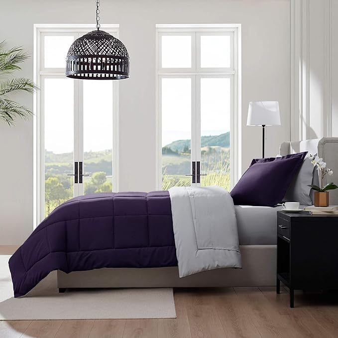 Nestl 7 Piece Twin Comforter Set – Purple Reversible Bed in a Bag – Complete Twin Size Bedding Set with Sheets, Set of 2 Cooling Pillows, Pillowcase and Sham