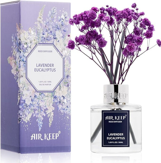 Airkeep Reed Diffuser Set,1.69 fl oz (50 ml) - Lavender Eucalyptus Oil Diffusers with 8 Reed Sticks,Home Fragrance Reed Diffuser for Bathroom Shelf Decor