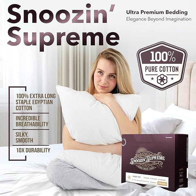 TEXAS LINEN CO. 100% Egyptian Cotton Sheets Queen Size - Snoozin' Supreme Collection 2000 Series Luxury Queen Bed Sheet Set, Cooling Sateen Weave, 17” Extra Deep Pocket Hotel Sheets (4 Pc, White)