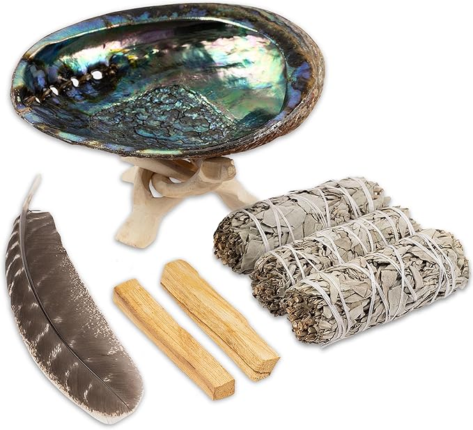 Wish Well Sage Smudge Kit ~ 4" White Sage Smudge Stick, Palo Santo Sticks, Abalone Shell, Stand, Feather ~ Cleansing House & Meditation ~ Energy Healing & Reiki ~ Perfect Starter Kit with Instructions
