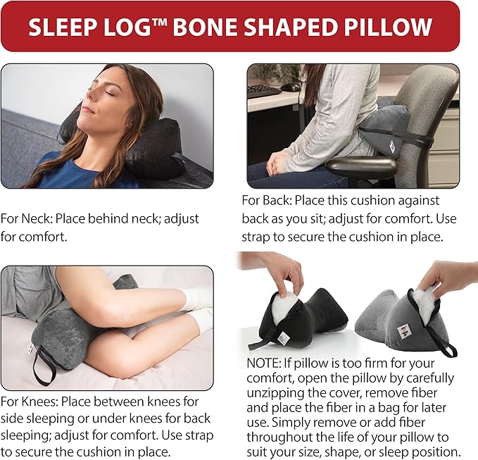 Core Products Sleep Log Bone Shaped Chiropractic Neck and Back Pillow for Cervical Support, Adjustable Firmness, Midsize - Travel or Use at Home, 13" x 6" x 6", 60" Strap