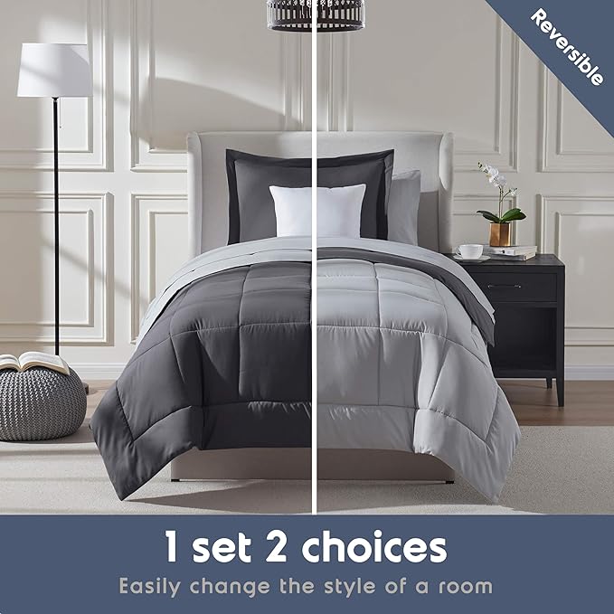 Nestl 7 Piece Twin Comforter Set – Dark Grey Reversible Bed in a Bag – Complete Twin Size Bedding Set with Sheets, Set of 2 Cooling Pillows, Pillowcase and Sham