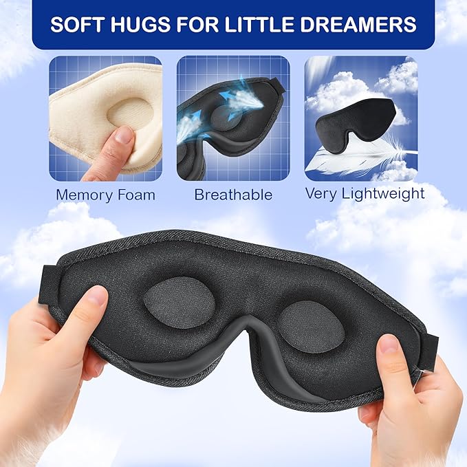 3D Sleep Mask for Kids, Light Block Sleeping Blindfold Memory Foam Contoured Eye Mask for Sleep, Adjustable Strap Eye Cover and Travel Sleep Mask for Boys Girls, Black