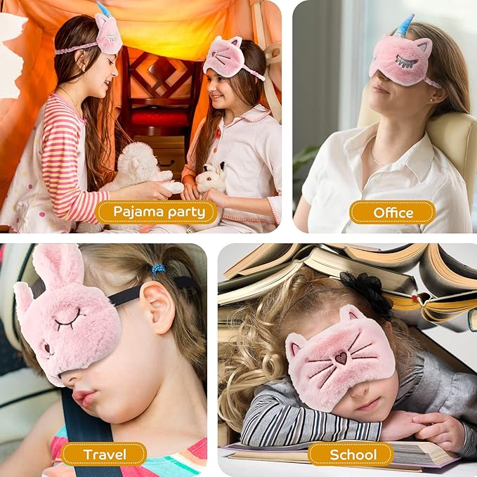 Geyoga 3 Pcs Sleep Mask for Kids, Girls Plush Sleeping Eye Cover Soft Eye Blindfold Cover Animal Shade for Kids(Pink,Bunny, Cat and Unicorn Style)