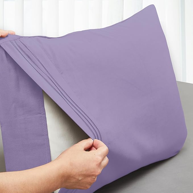 Mocassi 2-Piece Premium Standard/Queen Pillowcase Set 1800 Series Hotel Quality Microfiber - Soft and Breathable with 3-Line Embroidery Wrinkle and Stain Resistant, Easy Care, 20" x 30", Lavender