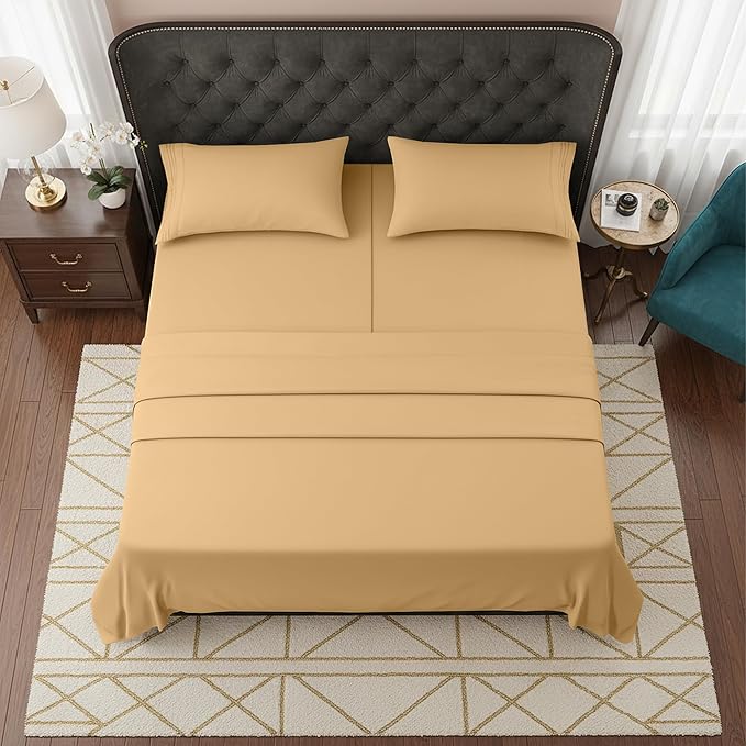 Elegant Comfort Luxurious 1500 Premium Hotel Quality Microfiber Three Line Embroidered Softest 5-Piece Bed Sheet Set, Wrinkle and Fade Resistant, Split King, Gold