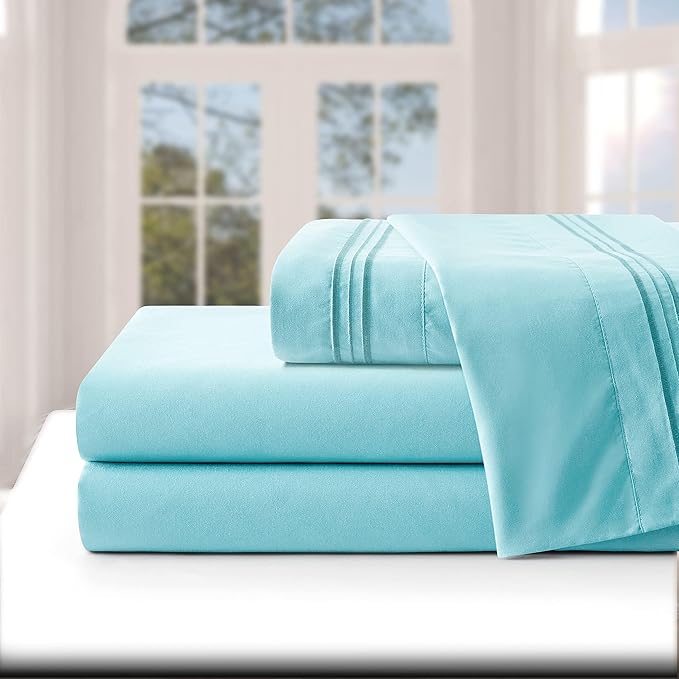 Manyshofu Extra Deep Pocket Twin Sheets Set - Hotel Luxury 1800 Thread Count Sheets & Pillowcases - Kids Bedding Set up to 24" Mattress - Aqua Blue Bed Sheets 18-24 Inch Deep Pockets - 3 Piece