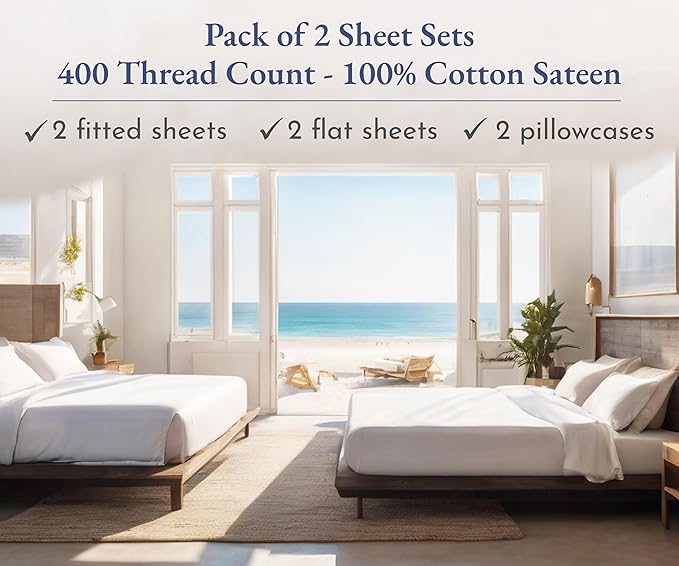 California Design Den 2-Pack Twin XL Sheet Set Cotton - 400 Thread Count 100% Cotton Sateen - Soft and Breathable Sheets, Twin XL Sheet Sets, 2 Sets of Deep Pocket Bed Sheets - Light Grey