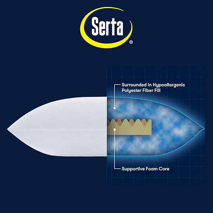 Serta Won't Go Flat Standard/Queen Size Set of 2 Down Alternative Cooling Bed Pillows, Extra Life Foam Core with Medium Support, Perfect for Back, Stomach or Side Sleepers, White