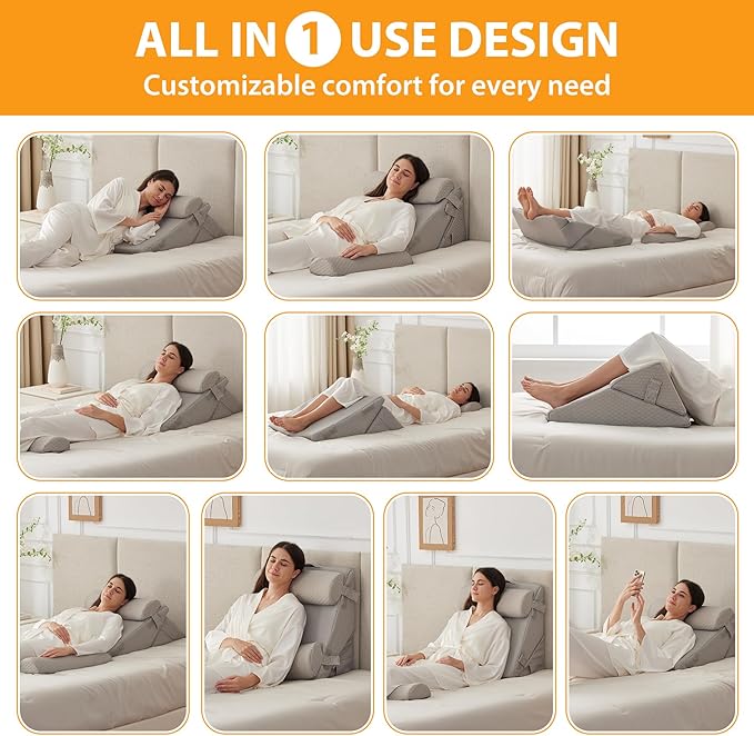 Ruqmuis 4PCS Wedge Pillow Set for After Surgery, Adjustable 9&12 Inch Bed Wedge Pillow for Sleeping, Incline Pillow Wedge for Headboard, Post Surgery, Acid Reflux, Neck&Back Support, Grey