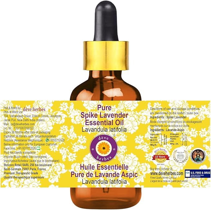 dève herbes Spike Lavender Essential Oil (Lavandula latifolia) with Glass Dropper | Pure | Non-Sticky | Non-Greasy | Lightweight | Men & Women | All Skin Types | Steam Distilled 50ml (1.69 oz)