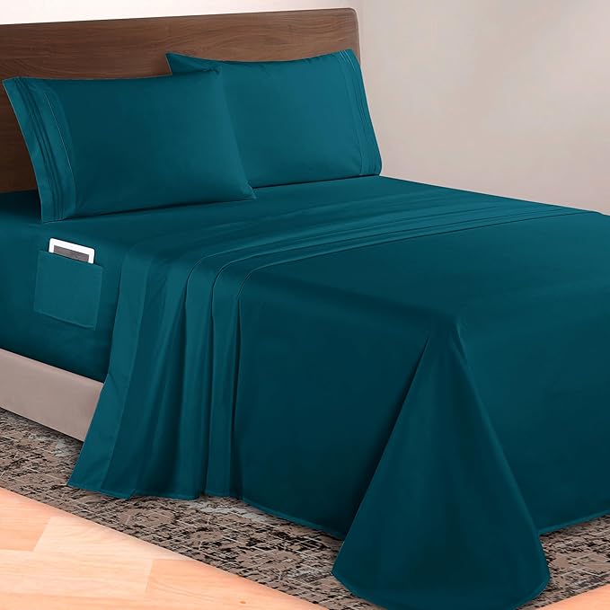 Elegant Comfort Luxurious 1500 Premium Hotel Quality Microfiber 4-Piece Sheet Set, 18-24 Inches Deep - Extra Deep Pocket Sheets - Ultra Soft 4PC Deep Pocket Sheets, Full, Marine Teal
