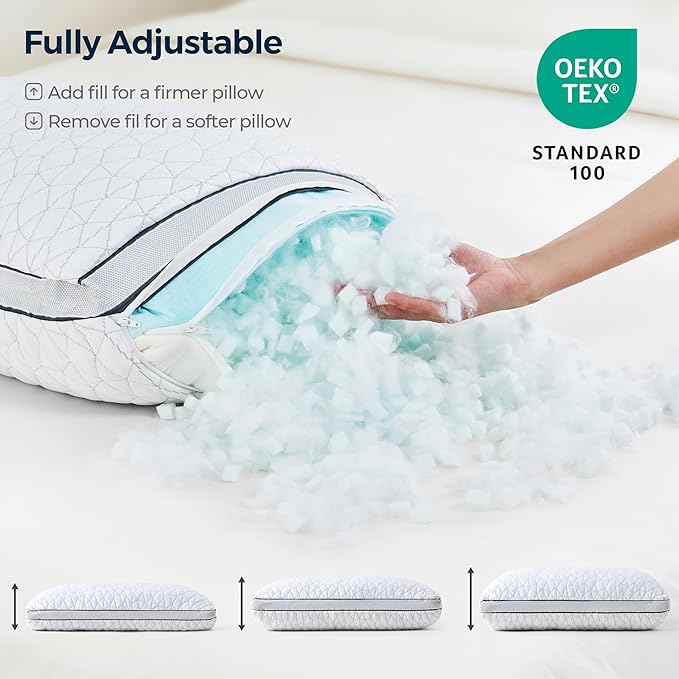 Cooling Pillow with Shredded Memory Foam for Sleeping, 20x30 Adjustable Bed Pillow with Cool & Bamboo-Derived Rayon Side, Firm Pillow with Cooling Gel for Hot, Back, Stomach or Side Sleeper (Queen)