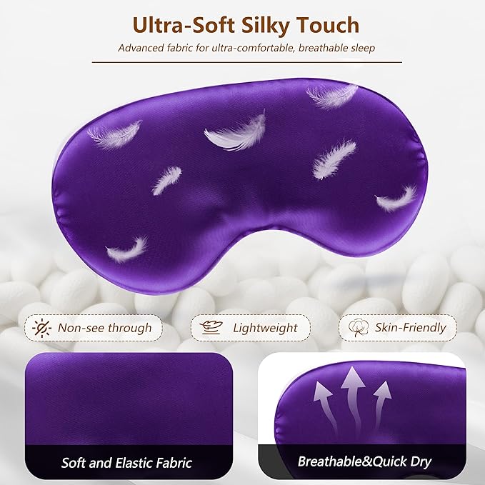 Sleep Mask Silk Eye Mask for Men Sleeping Mask, Adjustable Elastic Strap for Night Shading Sleep Mask, Soft and Comfortable for Both Men and Women (Purple, 2 Packs)