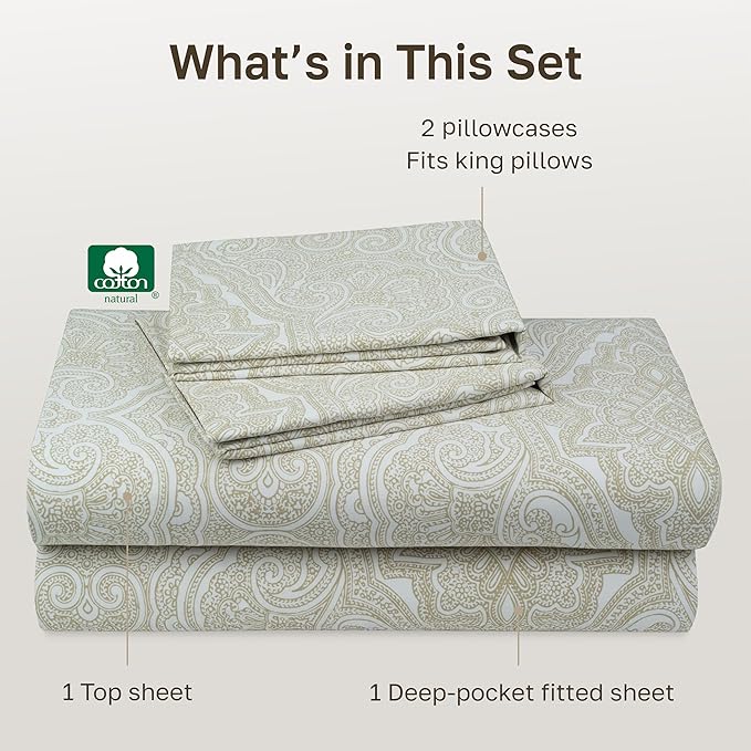 California Design Den Soft 100% Cotton Sheets King Size Set, 400 TC Good Housekeeping Award Winner, Smooth Sateen Finish with Deep Pockets, Cozy and Durable Cotton Bedding Set - Paisley Beige