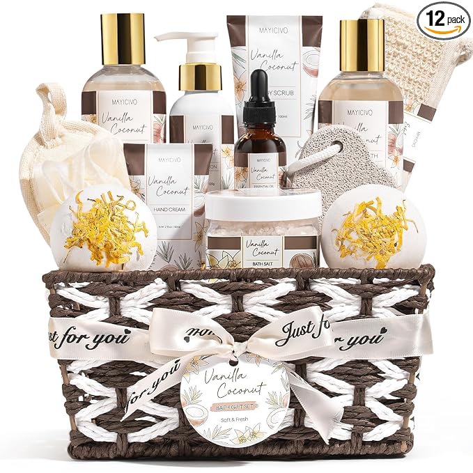 Mothers Day Birthday Gifts for Women, Vanilla Coconut Relaxing Spa Gift Baskets for Women Self Care Package Bath Gift Set, Home Bath and Body Kit Pampering Gifts for Womens Her Mom Friends Sister Wife