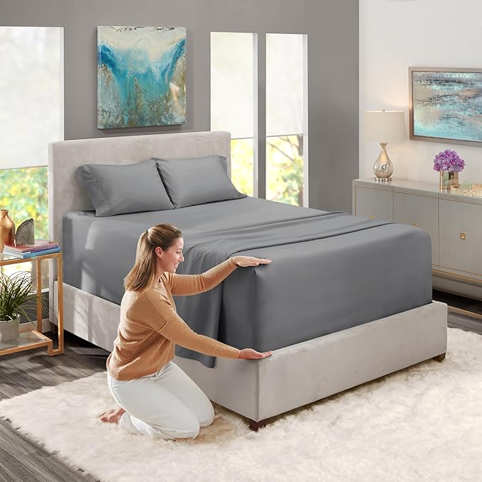 Nestl King Size Sheet Set, 4 Piece Extra Deep Pocket (18-24 inches), Microfiber, Hotel Luxury, Soft, Breathable, Wrinkle-Free, Easy to Care, Grey