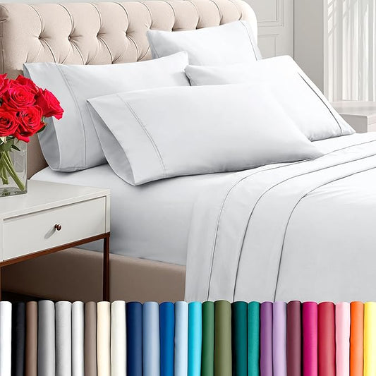 Bare Home Hotel Luxury Split California King Sheet Set, Extra Soft, Deep Pockets, Easy Fit, Cooling & Breathable, Wrinkle, Fade, Stain Resistant, Includes 4 Pillowcases (Split Cal King, White)