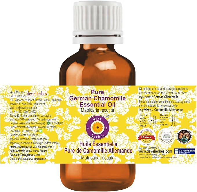Deve Herbes Pure German Chamomile Essential Oil (Matricaria recutita) Steam Distilled 15ml (0.50 oz)