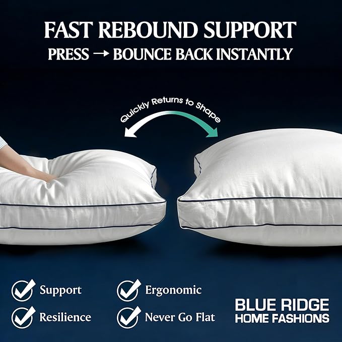 Blue Ridge Home Fashions Hotel Bed Pillows King Size Set of 2, 400 Thread Count 100% Cotton Cover, Medium Support Gusseted Down Alternative Pillow for Back, Stomach or Side Sleepers, 18" x 34", White