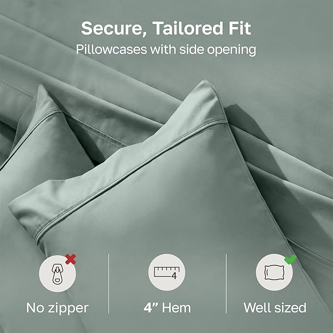 California Design Den Standard Queen Size Pillowcase Set - 400 Thread Count, 100% Cotton Sateen, Set of 2 Pillow Covers, Soft and Breathable - Sage Green