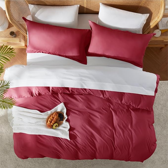 Nestl California King Duvet Cover Set with Comforter Insert - Burgundy Red 4 Piece 104x98 Duvet Cover & 2 Pillow Shams with White Quilted Down Alternative Comforter, Ultra Soft, All Season