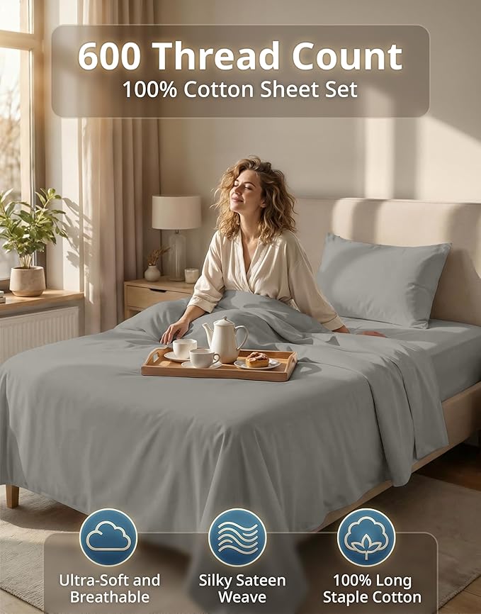 LANE LINEN Twin XL Sheets Set - 600 Thread Count Sateen Weave for Hotel Quality Softness - Extra Soft & Breathable 100% Cotton Sheets for a Luxury Experience - Fits Mattresses Upto 15'' Deep - Silver