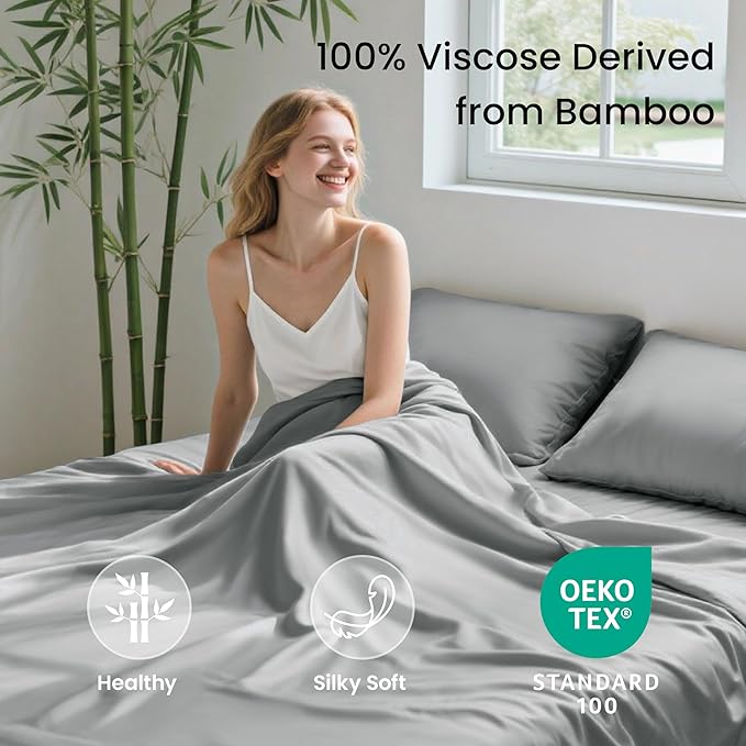 Love's cabin 3 Piece Twin Sheet Set, 100% Rayon Derived from Bamboo, Cooling & Breathable, Soft Silky Deep Pocket up to 16", Hotel Luxury Bedding for Hot Sleepers, Light Grey