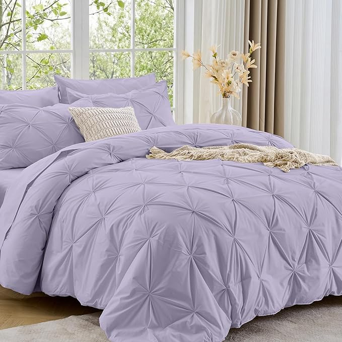 Sasttie Twin Comforter Set, 5-Piece Bed in a Bag, Pintuck Bedding Set for All Season, Includes Comforter, Flat Sheet, Fitted Sheet, Pillowcase and Pillowsham, Lavender