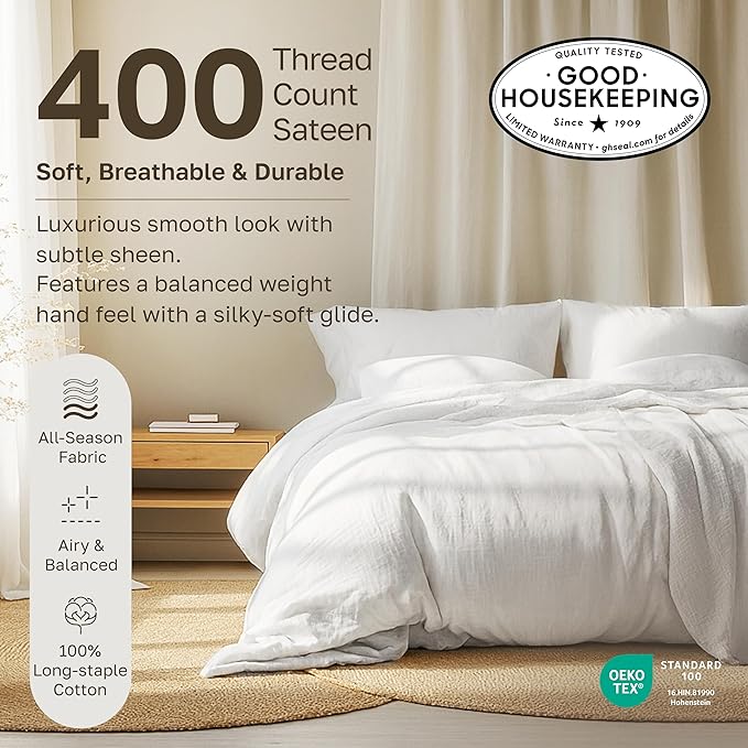 California Design Den King Size Pillowcase Set - 400 Thread Count, 100% Cotton Sateen, Set of 2 Pillow Covers, Soft and Breathable - Striped Bright White