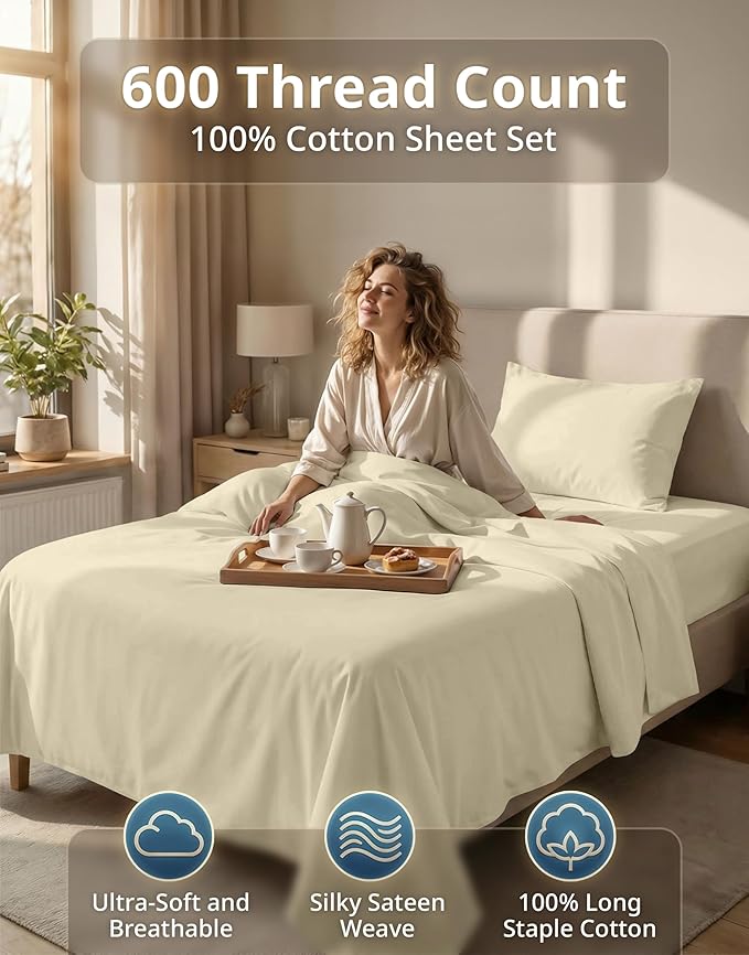 LANE LINEN Twin XL Sheets Set - 600 Thread Count Premium Sateen Weave for Hotel Quality Softness - 100% Cotton Sheets for Single Beds - 15'' Deep Pocket for Snug Fit to Your Mattress - Linen