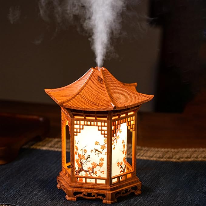 Essential Oil Diffusers, Chinese Lantern Aroma Diffuser & Night Light - 160ml Essential Oil Diffuser With Dual Mist Modes, Dual Color Temperatures, Shallow Wood Grain For Bedroom Office, Khaki, Essen