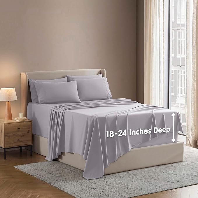 Nestl Extra Deep Split King Sheet Set - 7 Piece Breathable & Cooling Sheets - Hotel Luxury Bedding Set w/18-24 Inch Deep Pockets - Easy & Secure Fit - Super Soft, Wrinkle Free & Comfy - Light Gray