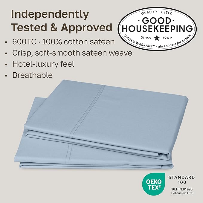 Luxuriously Soft Premium 600 Thread Count, 100% Cotton Set of 2 Cases, Crisp Pillowcases Standard Set of 2 Fits Standard & Queen Pillows (Blue)