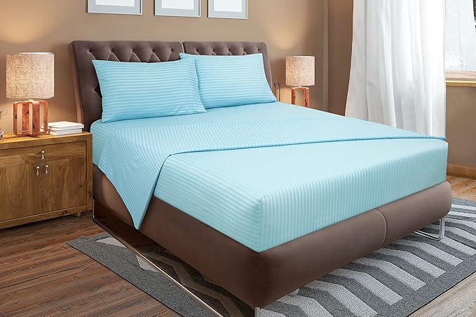 ROYALE LINENS 3 Piece Twin Sheets Set - Soft Brushed 1800 Microfiber - 1 Fitted, 1 Flat Sheet, 1 Pillow case - Wrinkle Free & Fade Resistant - Hotel Luxury Bed Sheets (Stripe Lake Blue, Twin)