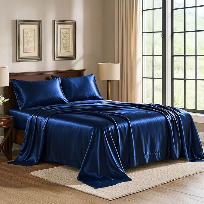 Pure Bedding Satin Sheets King [4-Piece, Navy] Hotel Luxury Silky Bed Sheets Extra Soft 1800 Microfiber Sheet Set, Wrinkle, Fade, Stain Resistant - Deep Pocket Fitted Sheet, Flat Sheet, Pillow Cases
