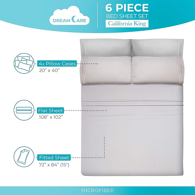 DREAMCARE California King Sheet Sets - 6 pcs Breathable Cooling Bed Sheets - up to 15" Deep California King Sheets with Side Pockets -Extra Soft 100% Brushed Hypoallergenic Hotel Luxury Bedding L-Gray